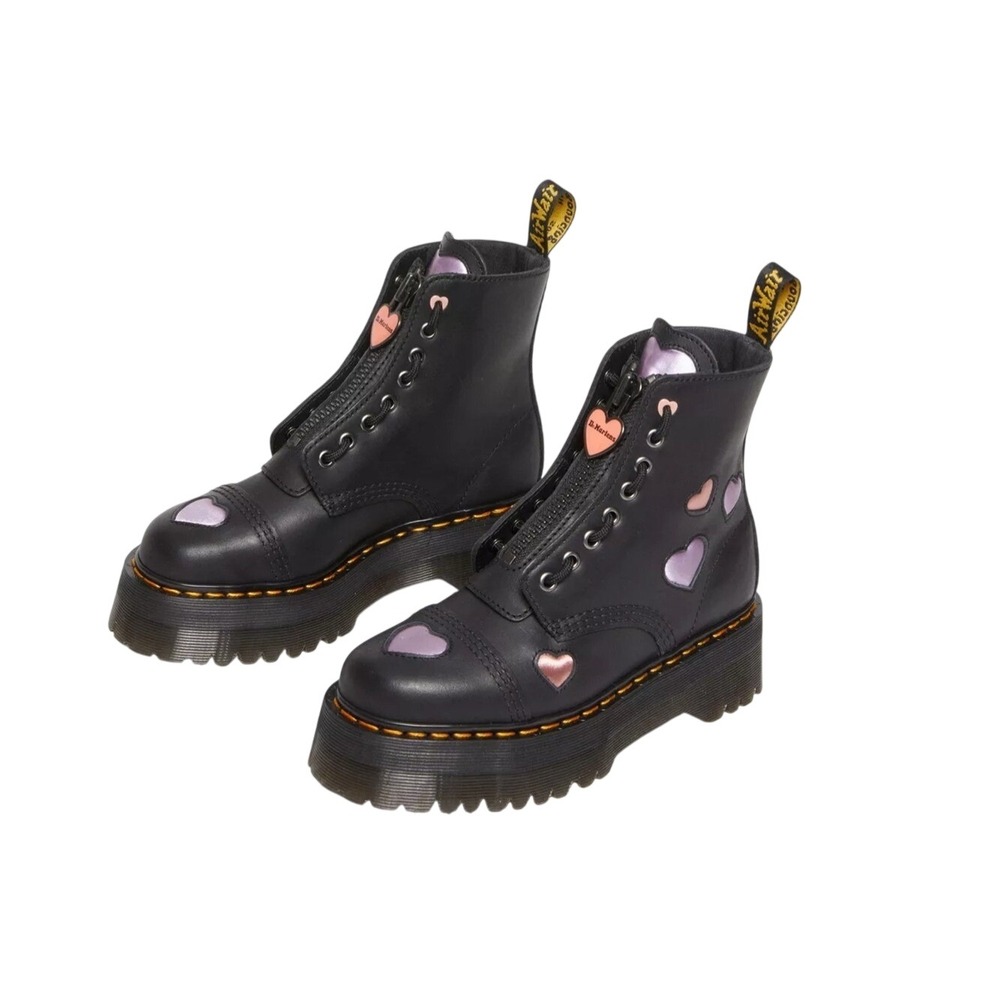 Dr. Martens Black Leather Combat Boots with Purple and Pink Heart Accents Sz 5